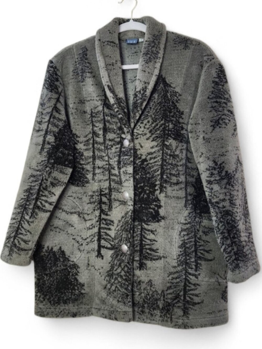 Vintage Y2K I-V-Y Sherpa Fleece Cardigan | Forest Tree Print | Size M | Gorpcore